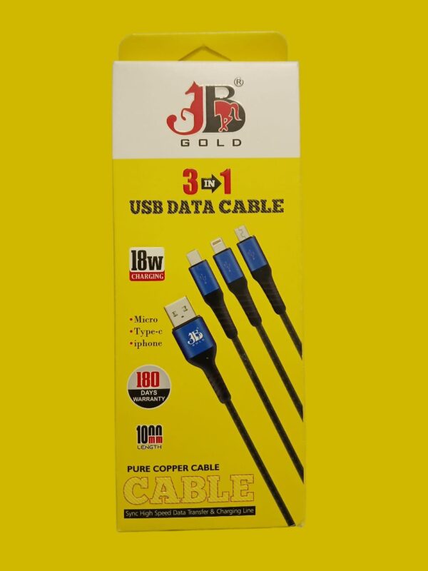 JB Gold 3-in-1 USB Data Cable – Fast Charging & High-Speed Data Transfer | 1 Meter | Durable Multi Charging Cable