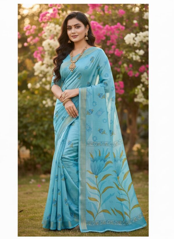 Charming Aqua Blue Floral Print Cotton Silk Saree